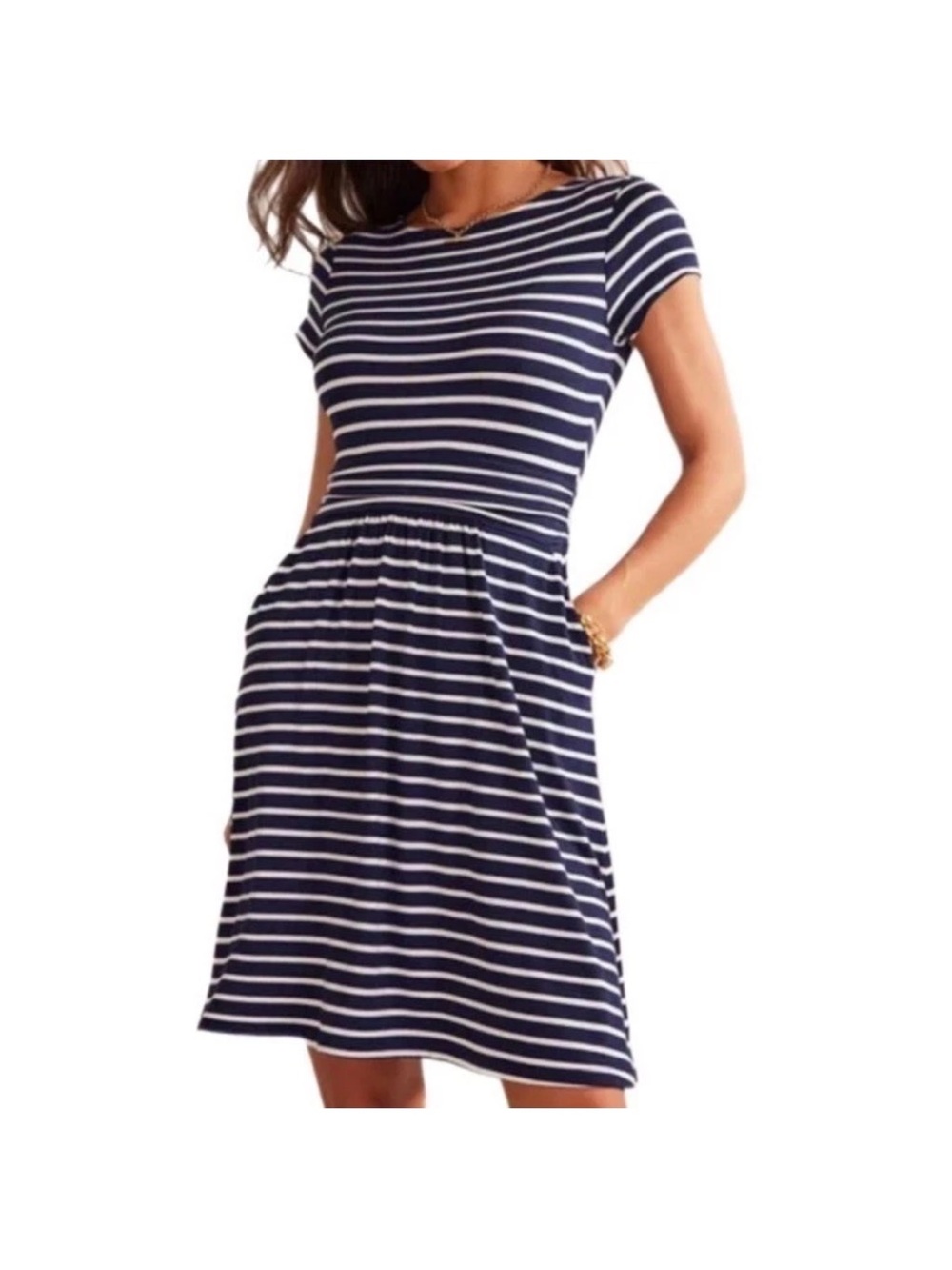 Boden Amelie 8 Jersey Navy Blue White Striped Short Sleeve Stretch Dress classic